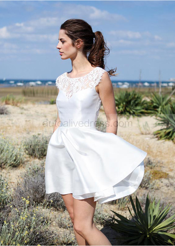 Ivory Lace Taffeta Keyhole Back Short Classic Wedding Dress
